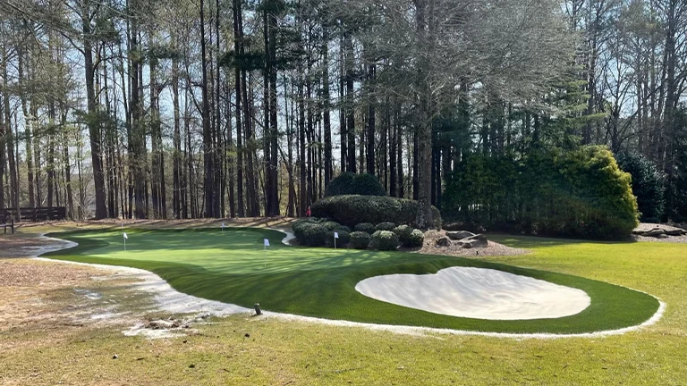 Southern Greens' expertly crafted putting greens in Huntsville homes, using high-quality turf for a professional putting surface.